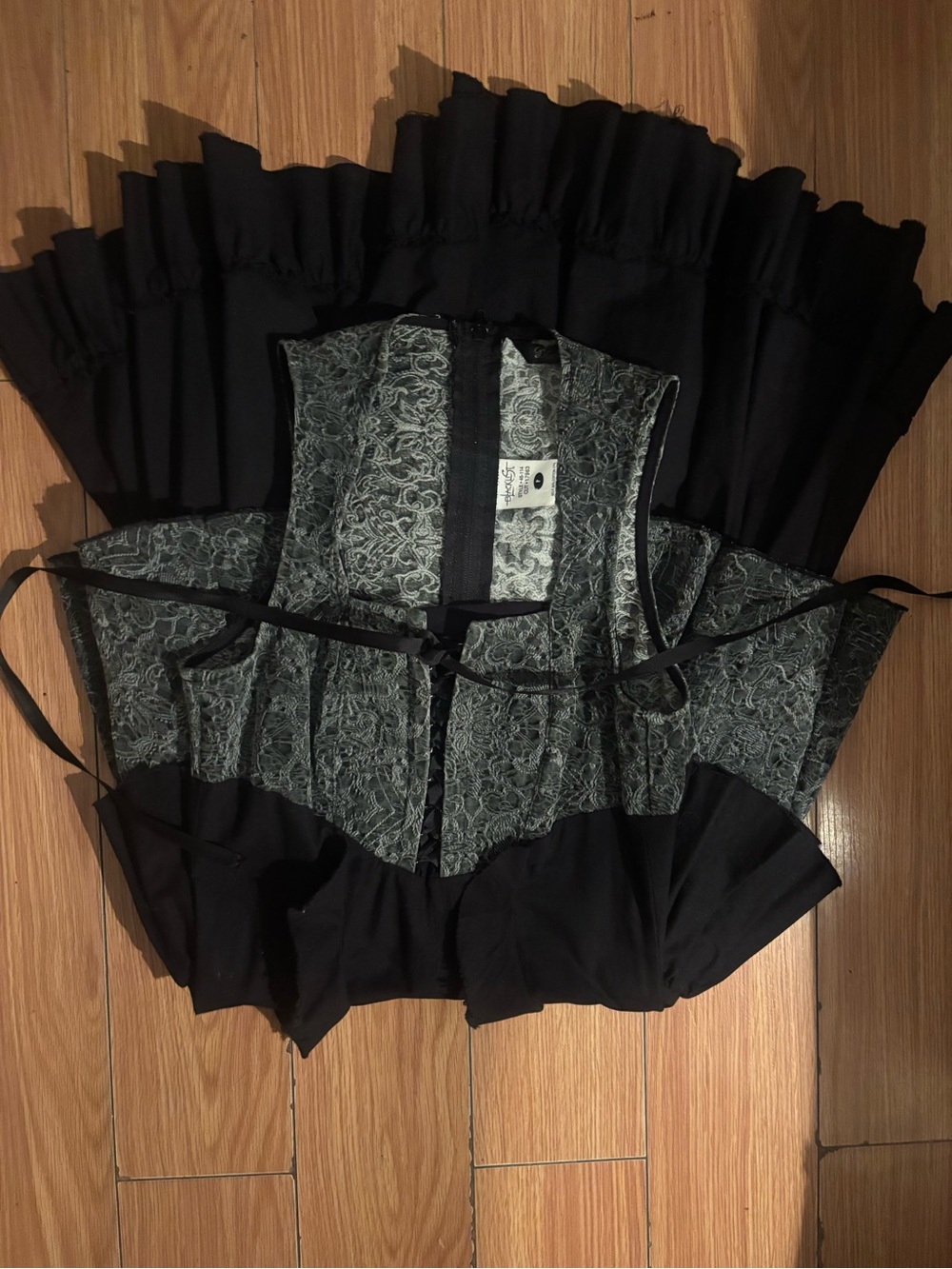 Black Corset dress with Gray Floral Brocade
